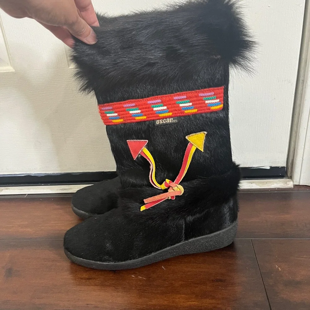 Oscar Sport Pony Hair Fur Boots Womens 40 Black‎ Excellent Apres Ski Italy Boho
